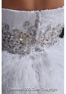 White Sweetheart Short Prom Dress with Beading and Feathers