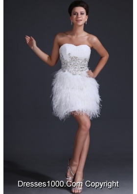 White Sweetheart Short Prom Dress with Beading and Feathers