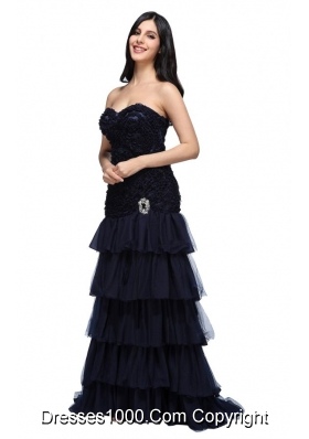 Beautiful Navy Blue Sweetheart Prom Dress with Beading and Layers