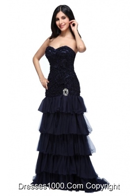 Beautiful Navy Blue Sweetheart Prom Dress with Beading and Layers