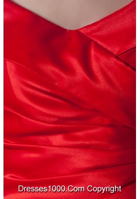 Bright Red V Neck Taffeta Half Sleeves Prom Dress with Ruches