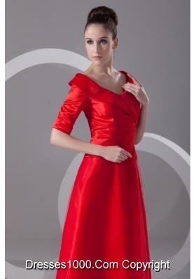 Bright Red V Neck Taffeta Half Sleeves Prom Dress with Ruches