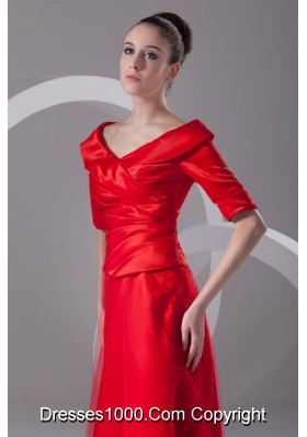 Bright Red V Neck Taffeta Half Sleeves Prom Dress with Ruches