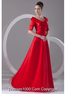 Bright Red V Neck Taffeta Half Sleeves Prom Dress with Ruches