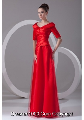 Bright Red V Neck Taffeta Half Sleeves Prom Dress with Ruches