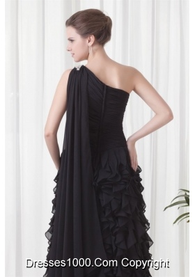 Black One Shoulder Ruffled Prom Party Dress with Watteau Train