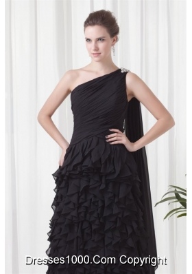 Black One Shoulder Ruffled Prom Party Dress with Watteau Train