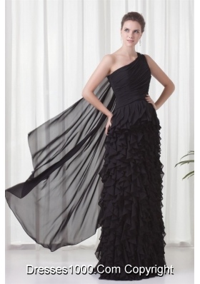 Black One Shoulder Ruffled Prom Party Dress with Watteau Train