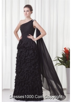 Black One Shoulder Ruffled Prom Party Dress with Watteau Train