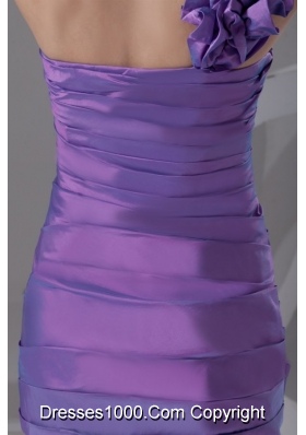 Purple Flowers Decorate One Shoulder Prom Dress with Ruches