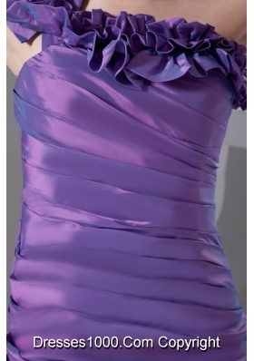 Purple Flowers Decorate One Shoulder Prom Dress with Ruches