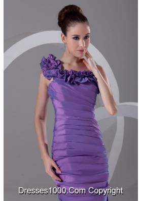 Purple Flowers Decorate One Shoulder Prom Dress with Ruches