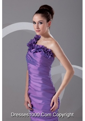 Purple Flowers Decorate One Shoulder Prom Dress with Ruches