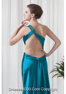 Teal One Shoulder Elastic Woven Satin Prom Dress with Cross Cross