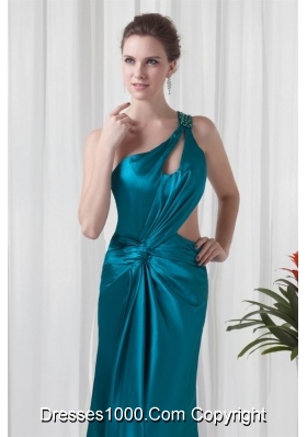 Teal One Shoulder Elastic Woven Satin Prom Dress with Cross Cross