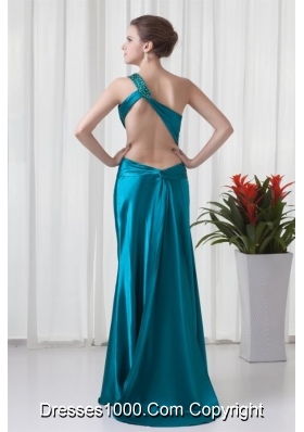 Teal One Shoulder Elastic Woven Satin Prom Dress with Cross Cross