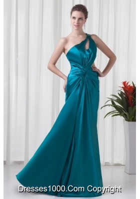 Teal One Shoulder Elastic Woven Satin Prom Dress with Cross Cross