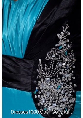 Black and Blue Elastic Woven Satin Prom Dress with Cap Sleeves