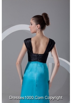 Black and Blue Elastic Woven Satin Prom Dress with Cap Sleeves