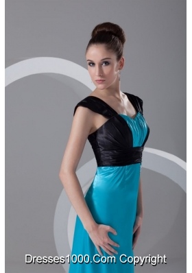 Black and Blue Elastic Woven Satin Prom Dress with Cap Sleeves