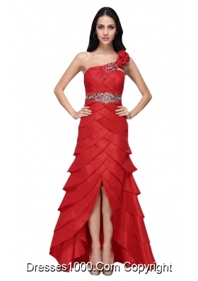 Wine Red Strapless Beading Ruffled Layers Prom Dress with Flower