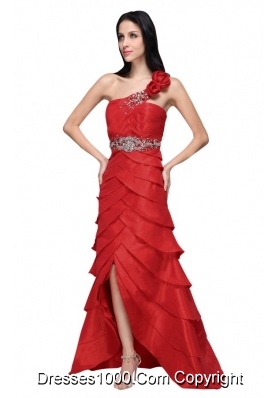 Wine Red Strapless Beading Ruffled Layers Prom Dress with Flower