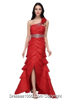 Wine Red Strapless Beading Ruffled Layers Prom Dress with Flower