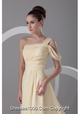 Light Yellow One Shoulder Chiffon Prom Dress with Beading