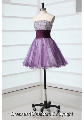 Purple Princess Strapless Beading Decorate Prom Dress with Sash