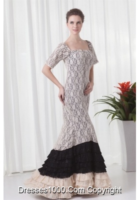 White and Black Lace Mermaid Prom Dress with Half Sleeves