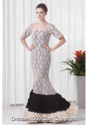 White and Black Lace Mermaid Prom Dress with Half Sleeves