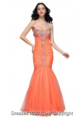 Mermaid Sweetheart Orange Prom Dress with Beading and Ruching