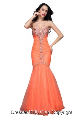 Mermaid Sweetheart Orange Prom Dress with Beading and Ruching