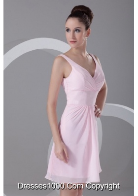 Baby Pink V Neck Short Prom Bridesmaid Dress with Zipper Back