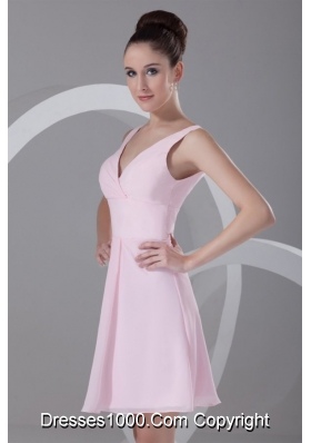 Baby Pink V Neck Short Prom Bridesmaid Dress with Zipper Back