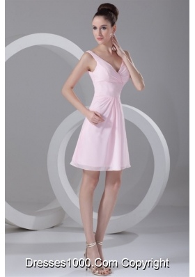 Baby Pink V Neck Short Prom Bridesmaid Dress with Zipper Back