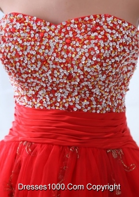 Red Sweetheart Prom Dress with Beading and Hand Made Flowers