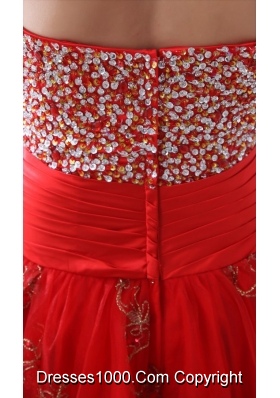 Red Sweetheart Prom Dress with Beading and Hand Made Flowers