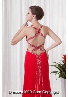 Red Column Straps Brush Train Prom Dress with Cross Cross