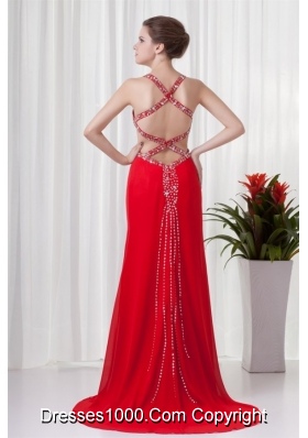 Red Column Straps Brush Train Prom Dress with Cross Cross