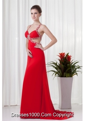 Red Column Straps Brush Train Prom Dress with Cross Cross