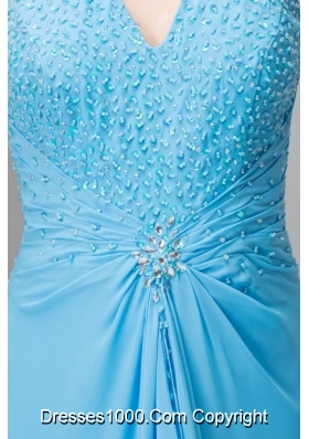 Cheap Aqua Blue Empire Halter Prom Dresses in Chiffon with Beading