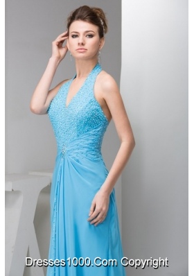 Cheap Aqua Blue Empire Halter Prom Dresses in Chiffon with Beading