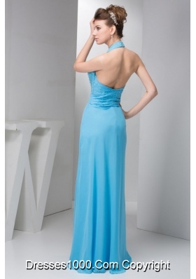 Cheap Aqua Blue Empire Halter Prom Dresses in Chiffon with Beading