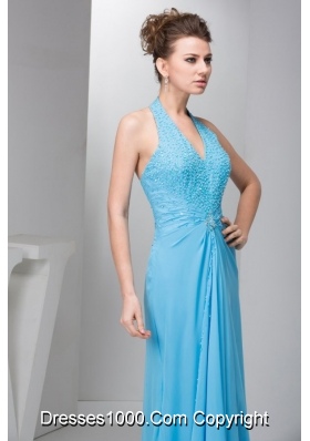 Cheap Aqua Blue Empire Halter Prom Dresses in Chiffon with Beading