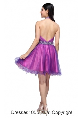 Purple Halter Top Beading and Ruching Knee-length Prom Dress