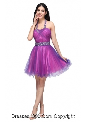 Purple Halter Top Beading and Ruching Knee-length Prom Dress