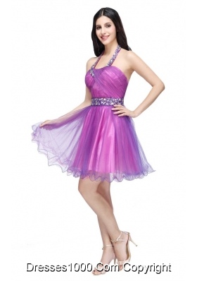 Purple Halter Top Beading and Ruching Knee-length Prom Dress