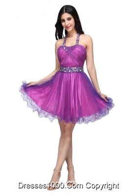 Purple Halter Top Beading and Ruching Knee-length Prom Dress