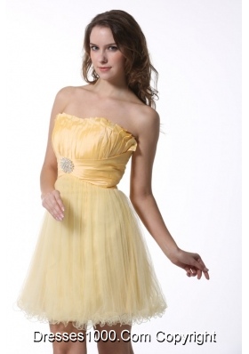 Light Yellow Strapless Mini-length Prom Dress For Graduation Party